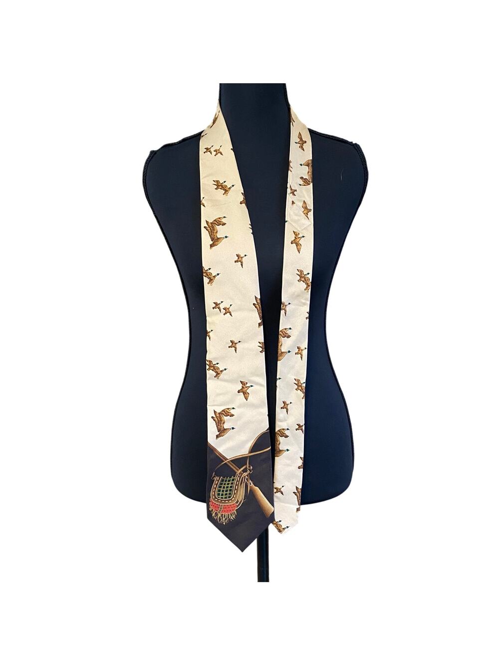 Roundtree & Yorke Silk Necktie Duck Hunting Mallard Print Beige Brown NWT